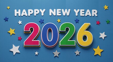 Happy New Year 2026 decoration with colorful stars on blue background  