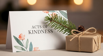 Acts of kindness depicted through greeting card and tiny gift box tied with twine for thoughtful present. Acts of kindness are conceptualized with evergreen sprig placed carefully on greeting card.