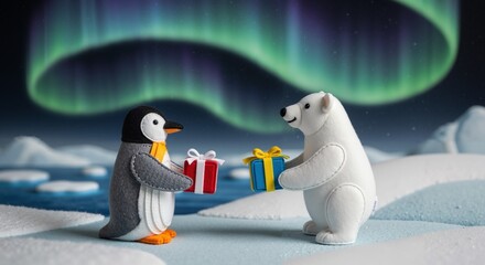 Cartoon pinguin and polar bear exchanging gifts under northern lights  