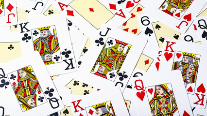Casino cards as background.Background on the theme of playing cards and poker.A pile of gaming cards.Poker card texture.Casino.