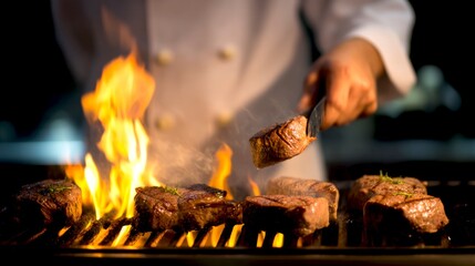 A skilled chef expertly grills juicy steaks over an open flame. The vibrant flames highlight the delicious cuts of meat. This culinary art captures the essence of grilling. AI