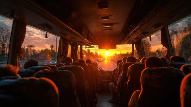 Passengers inside bus watching sunset drive