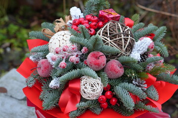 Holiday Gift Bouquet with Red Berries and Christmas Ornaments
