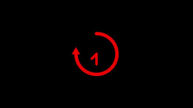 A minimalist red circular arrow and clock hands icon on a stark black background symbolizing time and motion