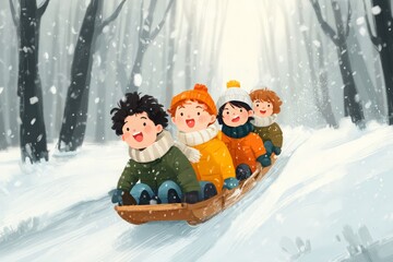 Children having fun during winter Christmas holidays in vector graphic style