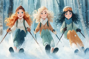 Children having fun during winter Christmas holidays in vector graphic style