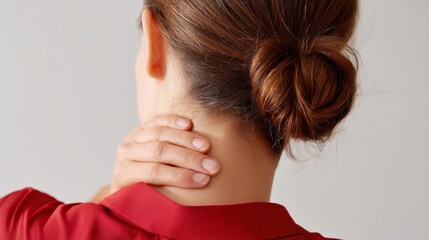 A woman with a bun hairstyle is holding her neck due to discomfort. This image portrays a casual yet thoughtful style. It emphasizes the feeling of relaxation and care for wellness. AI