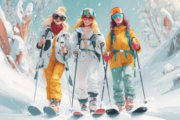 Children having fun during winter Christmas holidays in vector graphic style