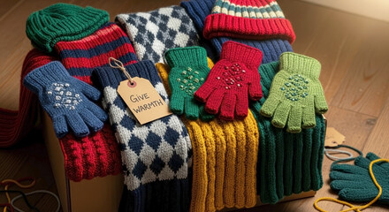 Give Warmth with warm winter accessories in box, featuring knitted hats, scarves, and gloves. Give Warmth to those in need with these colorful and cozy items, perfect for donation.