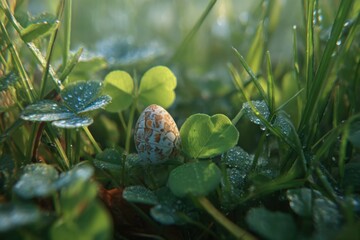 Fototapeta premium Textured egg nestled amongst dewy clover leaves