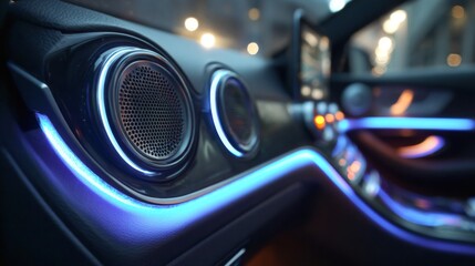 Close-Up of Modern Car Interior with Elegant Speaker Design and Ambient Lighting Emphasizing Luxury and Technology in a Contemporary Vehicle Setting