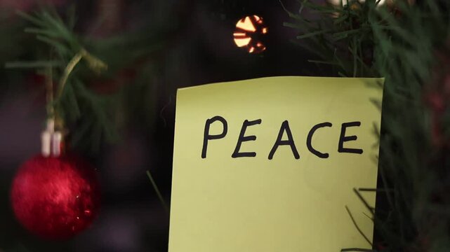 Un primer plano de una nota con la palabra paz en un fondo de luces de colores desenfocadas