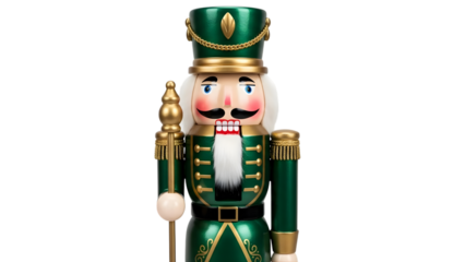 Close up of a traditional green nutcracker soldier ornament with gold accents standing against a transparent background