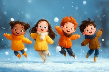 Children having fun during winter Christmas holidays in vector graphic style