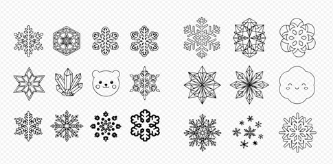 A collection of various snowflake designs and cute cloud and bear illustrations.