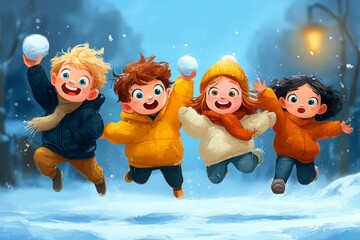Children having fun during winter Christmas holidays in vector graphic style