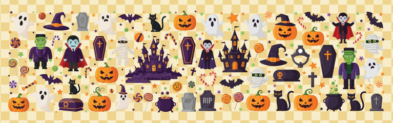 Halloween themed seamless pattern featuring pumpkins ghosts bats and spooky characters