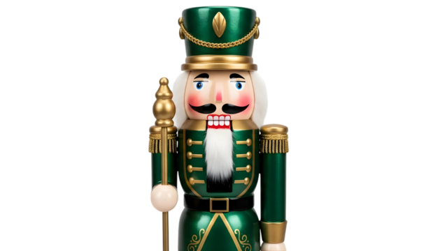 Close up of a traditional green nutcracker soldier ornament with gold accents standing against a transparent background