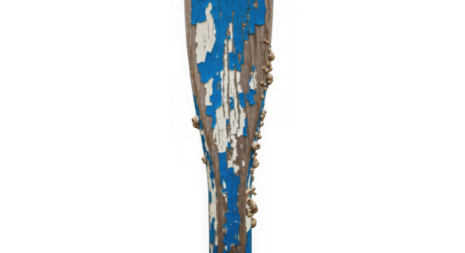 Weathered wooden marine pole with peeling blue paint and barnacles.