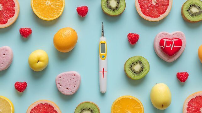 Healthy lifestyle concept: fruits, heart monitor, and heart shaped objects for wellness promotion