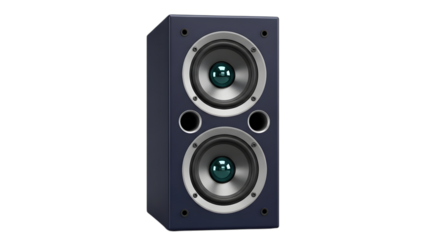 A single dark blue bookshelf speaker with two woofers and a tweeter, isolated on transparent background