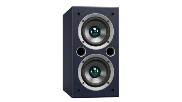 A single dark blue bookshelf speaker with two woofers and a tweeter, isolated on transparent background