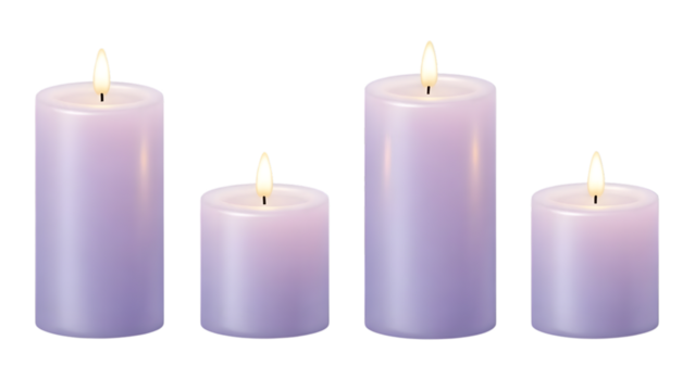Four lit purple pillar candles of different heights isolated on transparent background