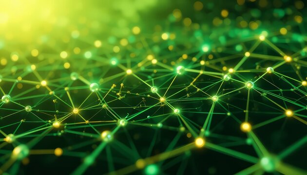 Glowing network of interconnected lines and nodes on a dark background, neon green technology mesh.