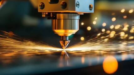 Industrial laser cutter creating sparks while cutting metal sheet - Powered by Adobe