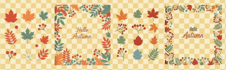 Autumn themed design featuring colorful leaves berries and decorative frames with "Hello Autumn" text