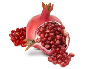 Fresh pomegranate with juicy seeds spilling on a white background, showcasing its vibrant color and texture in detail