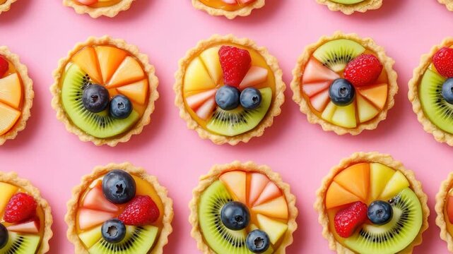 Delicious fruit tarts arranged on pink background creating appealing pattern
