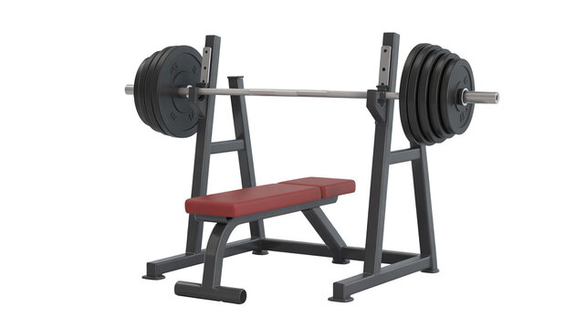 Heavy barbell on a bench press ready for intense strength training and muscle building workout session