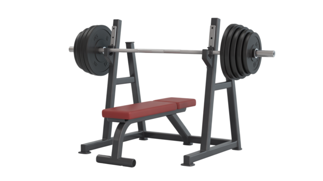 Heavy barbell on a bench press ready for intense strength training and muscle building workout session