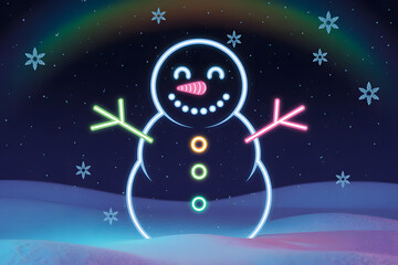 Neon snowman glows on snowy night with rainbow and snowflakes, festive winter art