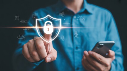 A man touching a digital lock shield on his mobile phone, showing internet security and data protection