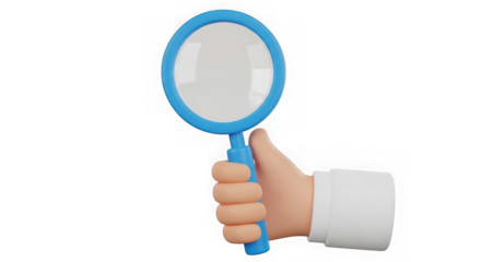 3d render of a hand holding a blue magnifying glass for search