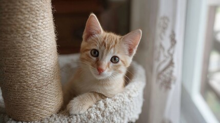Close-up of a small orange kitten sitting in a white cat tree. the kitten is looking directly at the camera with a curious expression.