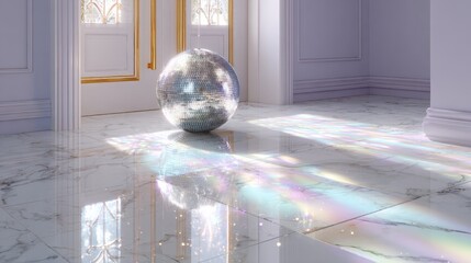 A reflective disco ball casts colorful light patterns on a glossy marble floor in an elegant room, featuring large windows and a bright, inviting ambiance