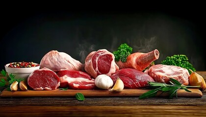 Assortment of raw meats on wooden board with herbs spices and garlic studio shot