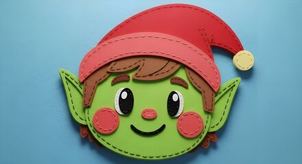 Cheerful cartoon elf face with a red hat on a blue background  