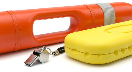 A lifeguard rescue can with a yellow first aid kit and a silver whistle on a white background ai generated