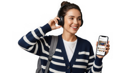 Smiling young student listens to music with headphones, holds phone