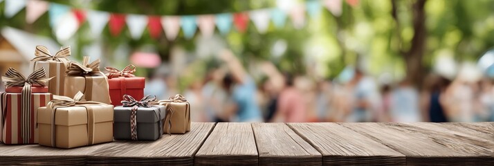Stack of wrapped birthday gifts with ribbons and bows on wooden table against blurred party crowd and pastel bunting flags. Cheerful celebration setup, joyful festive gathering vibe outdoors.