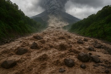 An impressive image of a lahar (volcanic mudflow) rushing down a river valley after a major eruption, carrying large boulders and debris. 