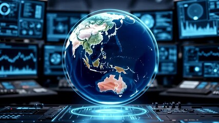 Rotating digital world map in a high-tech news broadcast studio environment. Concept of international business connectivity, future network communication and data analysis, 4K video. - Powered by Adobe