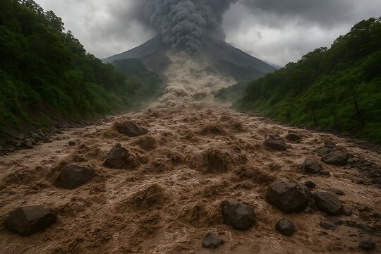 An impressive image of a lahar (volcanic mudflow) rushing down a river valley after a major eruption, carrying large boulders and debris. 