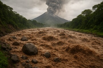 An impressive image of a lahar (volcanic mudflow) rushing down a river valley after a major eruption, carrying large boulders and debris. 