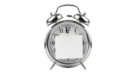 Silver alarm clock with blank note taped to face