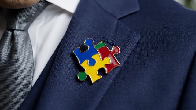 Puzzle piece symbol on formal business suit lapel understanding diversity and inclusion